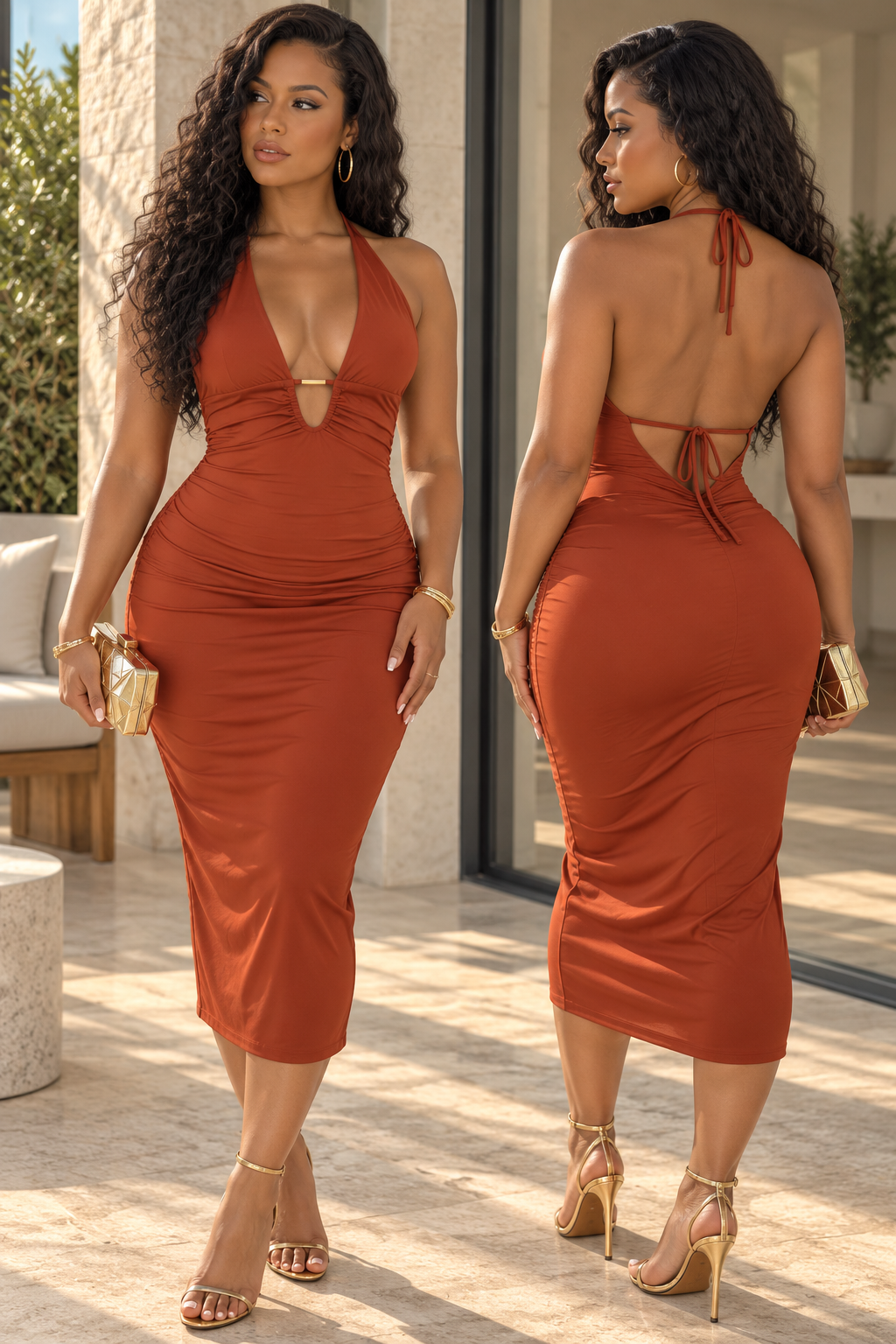 Robe côtelée midi terracotta à dos nu et fronces, vues de face et de dos
