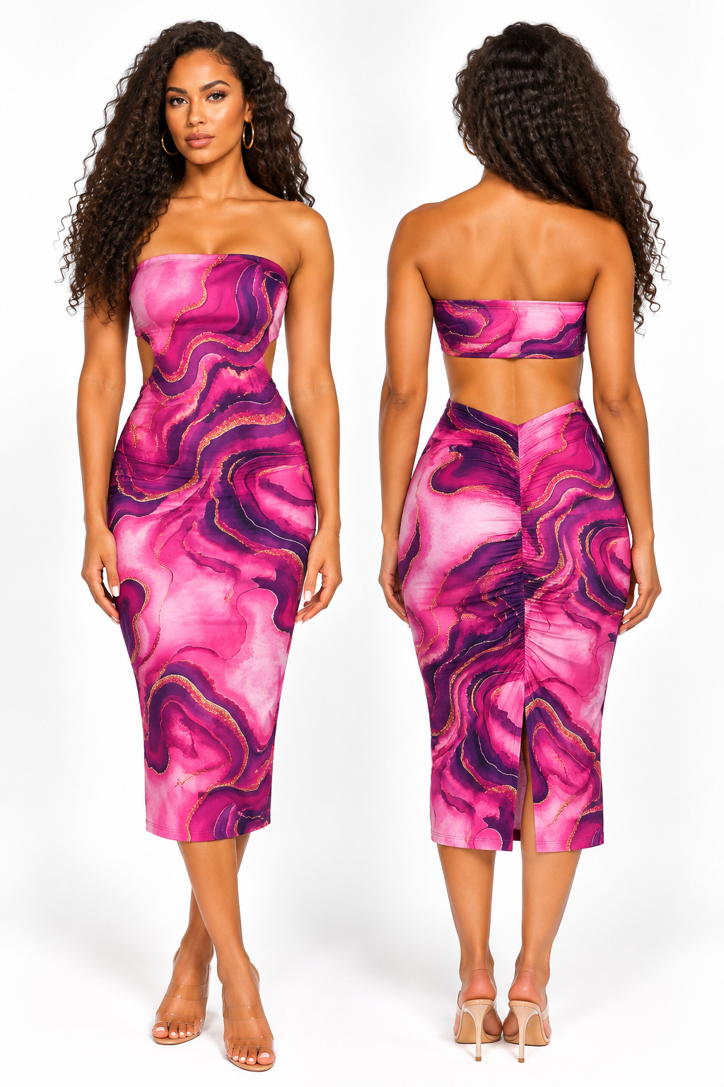 Robe midi bustier marbrée rose et fuchsia à dos ajouré et fente arrière, vues de face et de dos