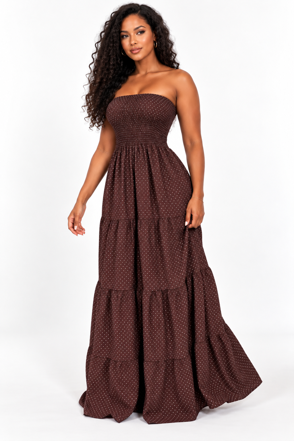 Robe longue bustier à smocks et volants