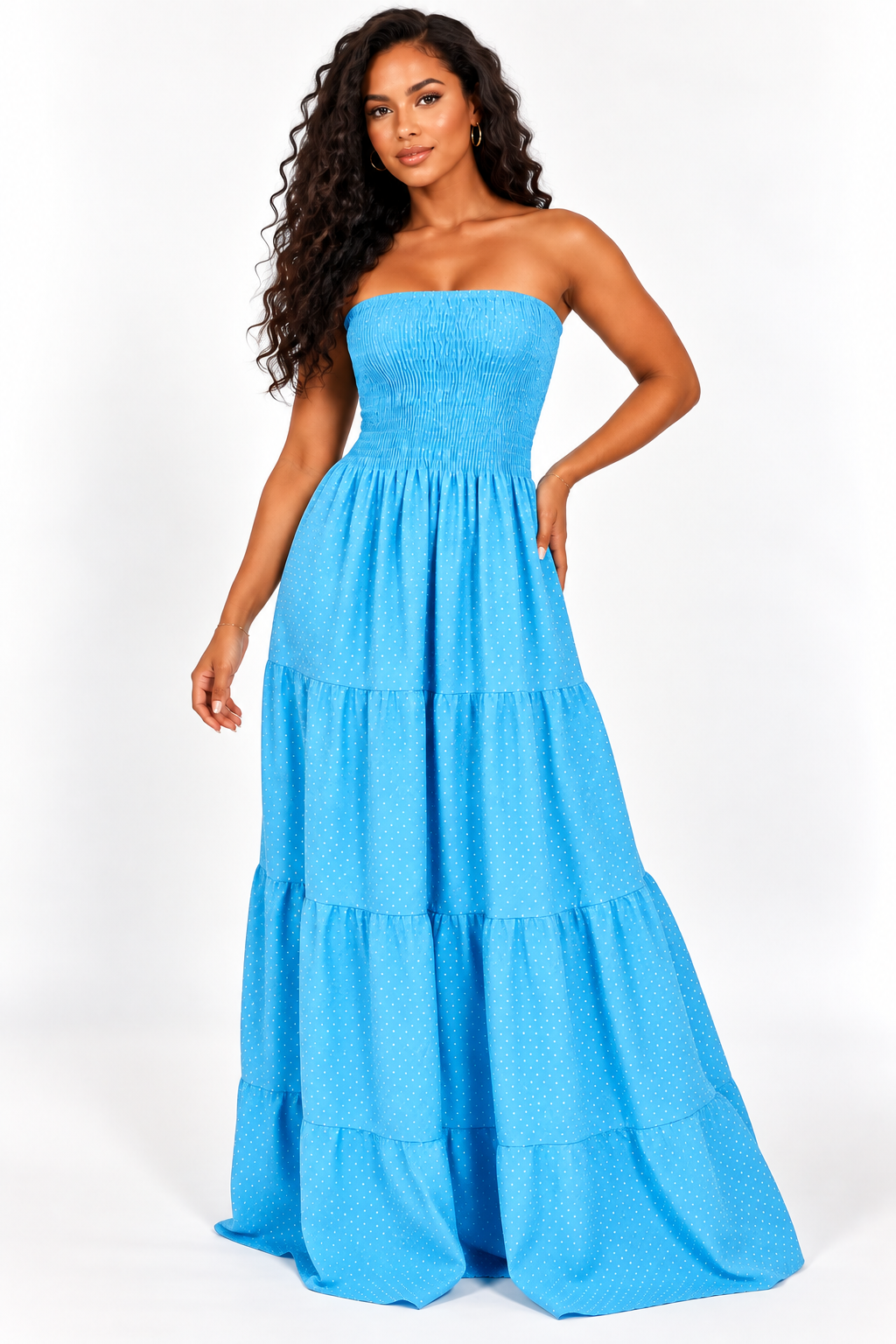Robe longue bustier à smocks et volants