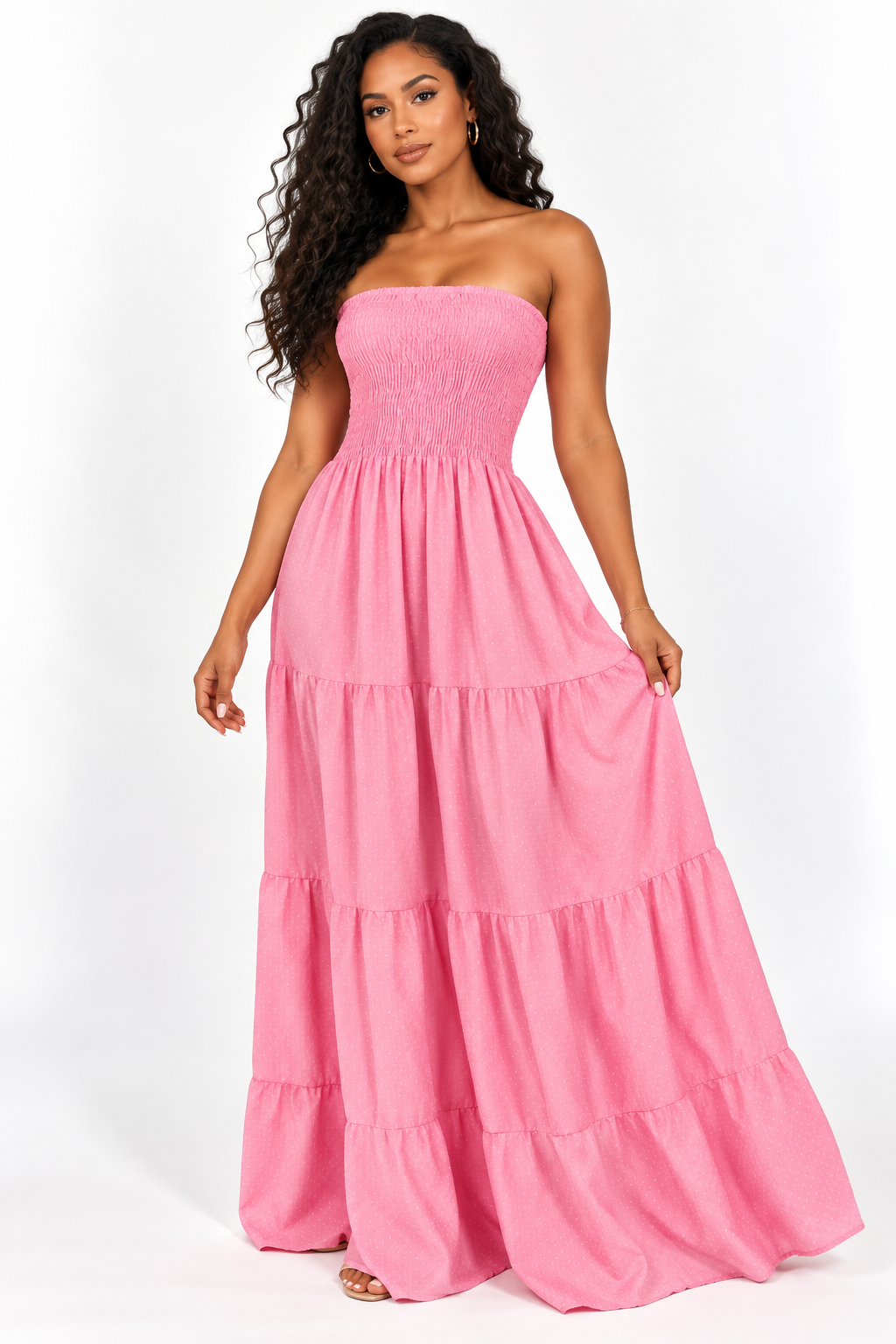 Robe longue bustier à smocks et volants