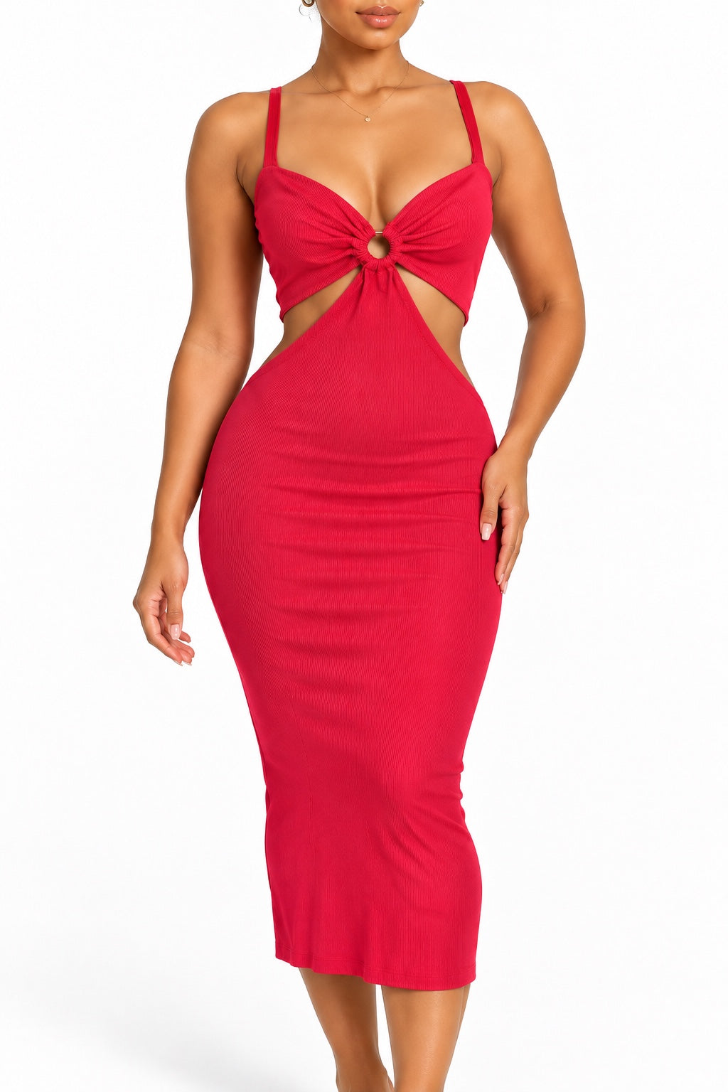 Robe midi moulante rouge à anneau central et découpes