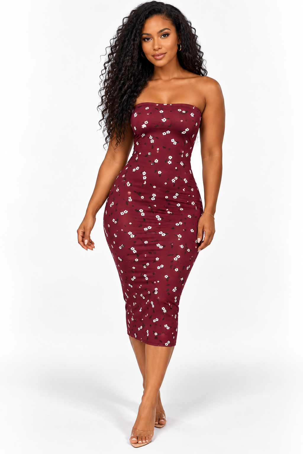 Robe midi bustier bordeaux à petits motifs clairs, vue de face