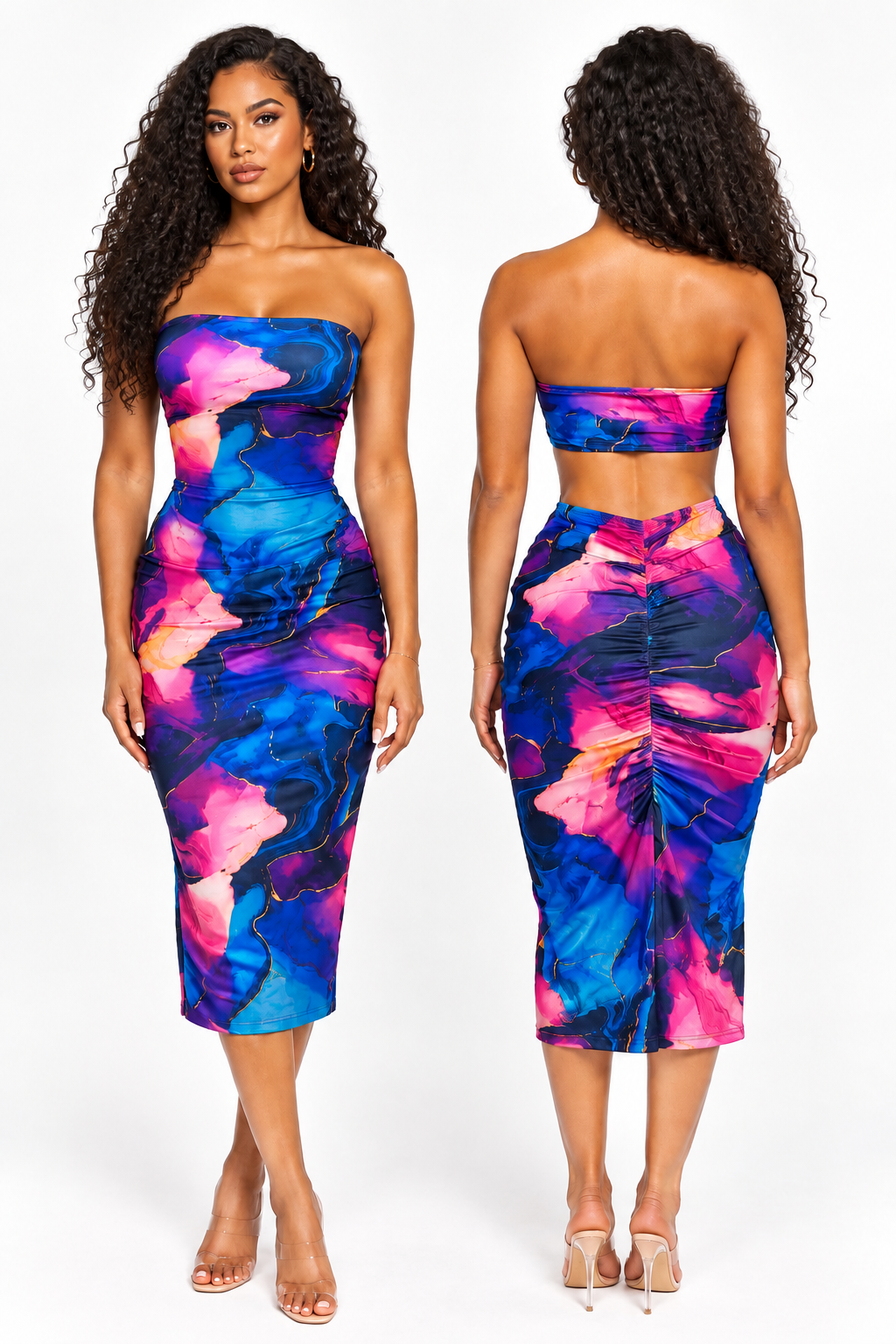 Robe midi bustier marbrée bleue et rose à dos ajouré, vues de face et de dos
