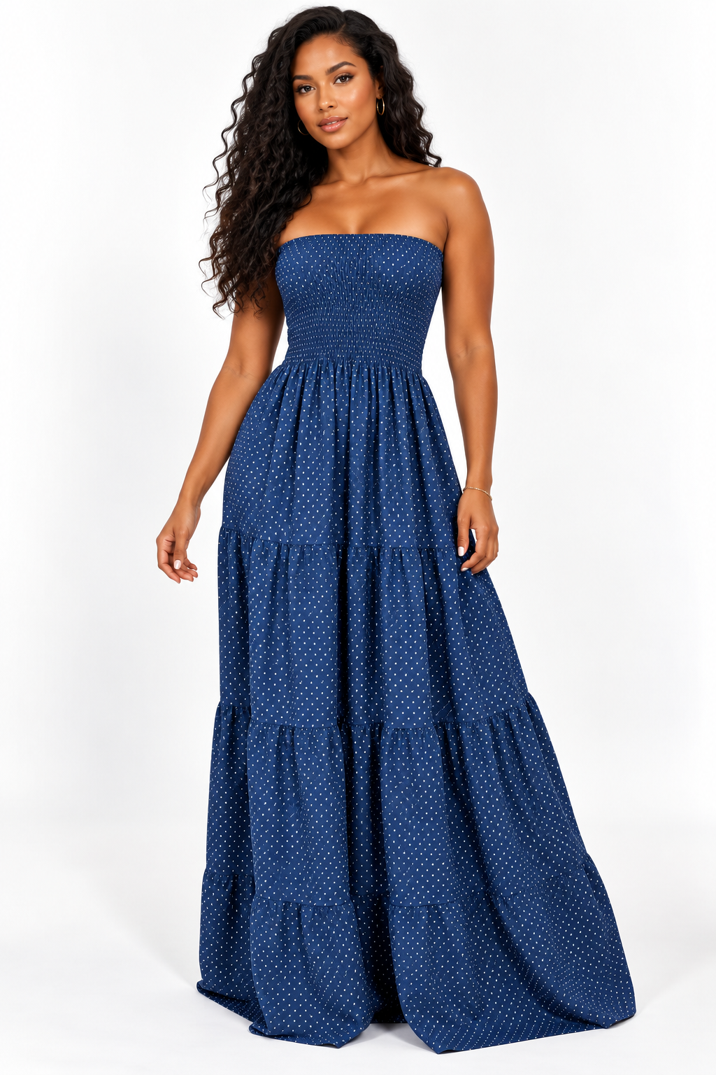 Robe longue bustier à smocks et volants