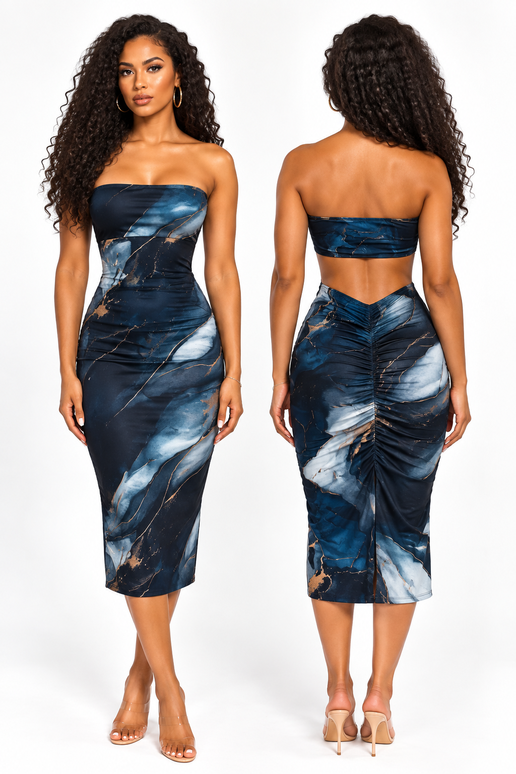 Robe midi bustier marbrée bleu foncé et gris à dos ajouré, vues de face et de dos