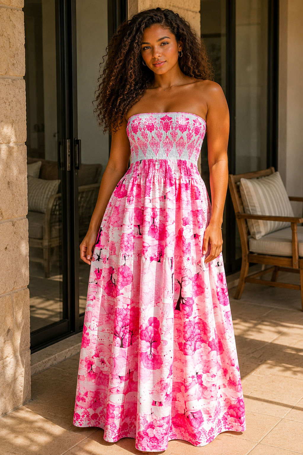 Robe longue bustier blanche et fuchsia à motifs floraux, jupe à volants