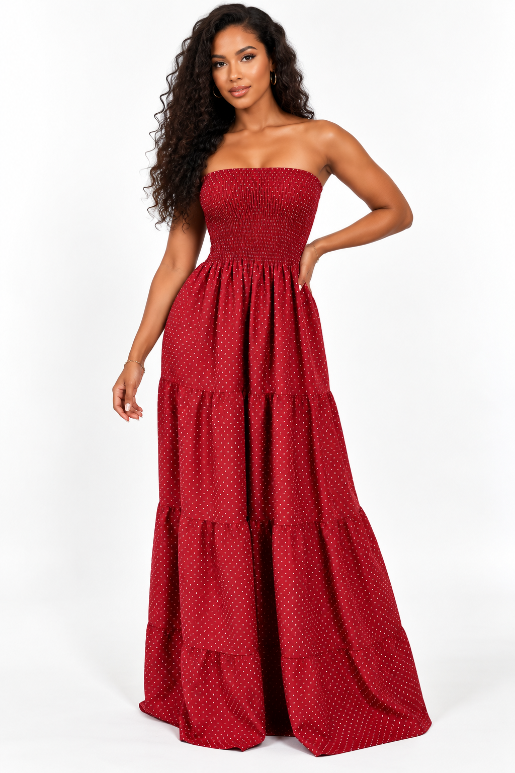 Robe longue bustier à smocks et volants (précommande)