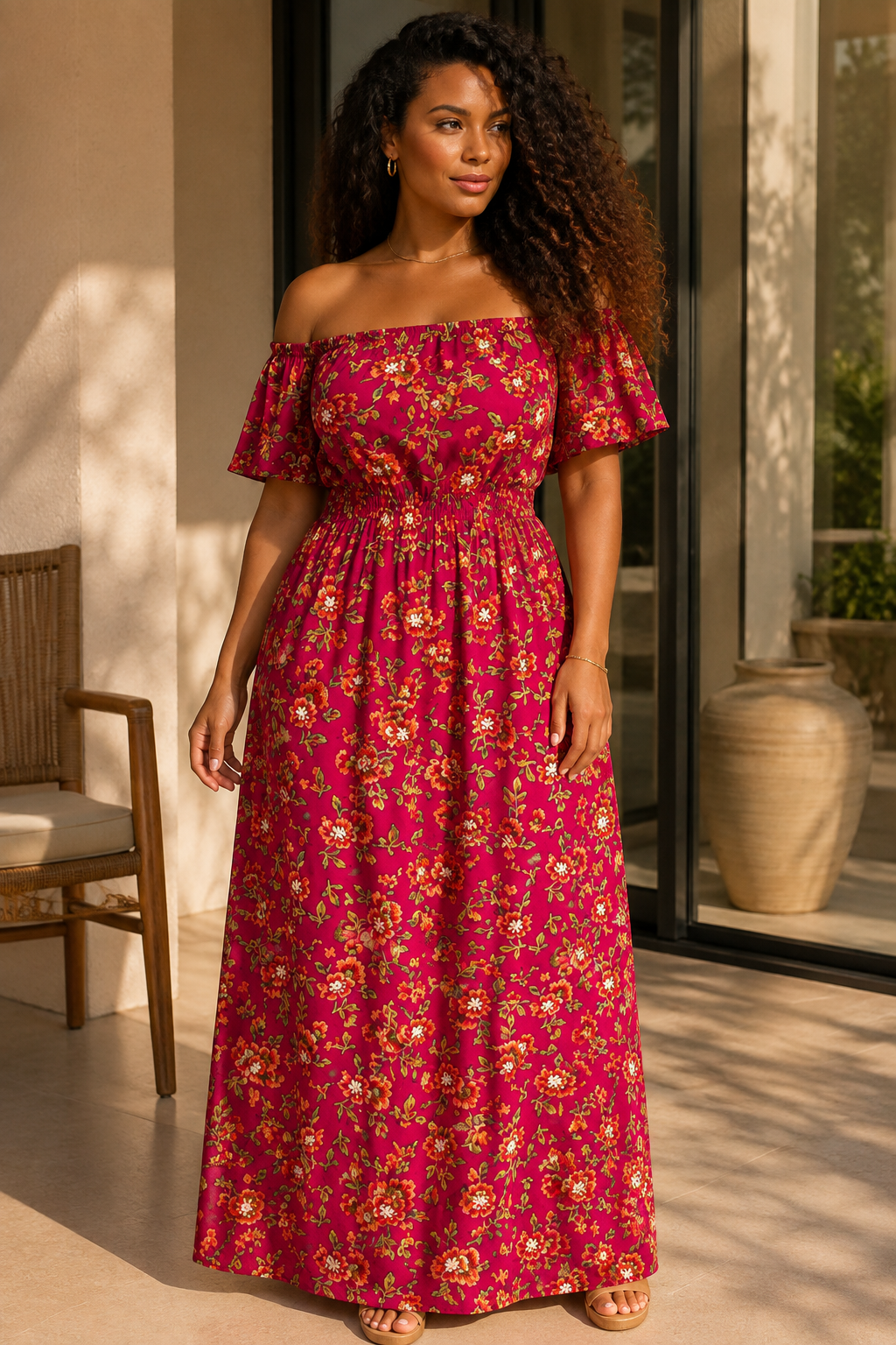 Robe longue rouge à petites fleurs multicolores et col bardot volanté