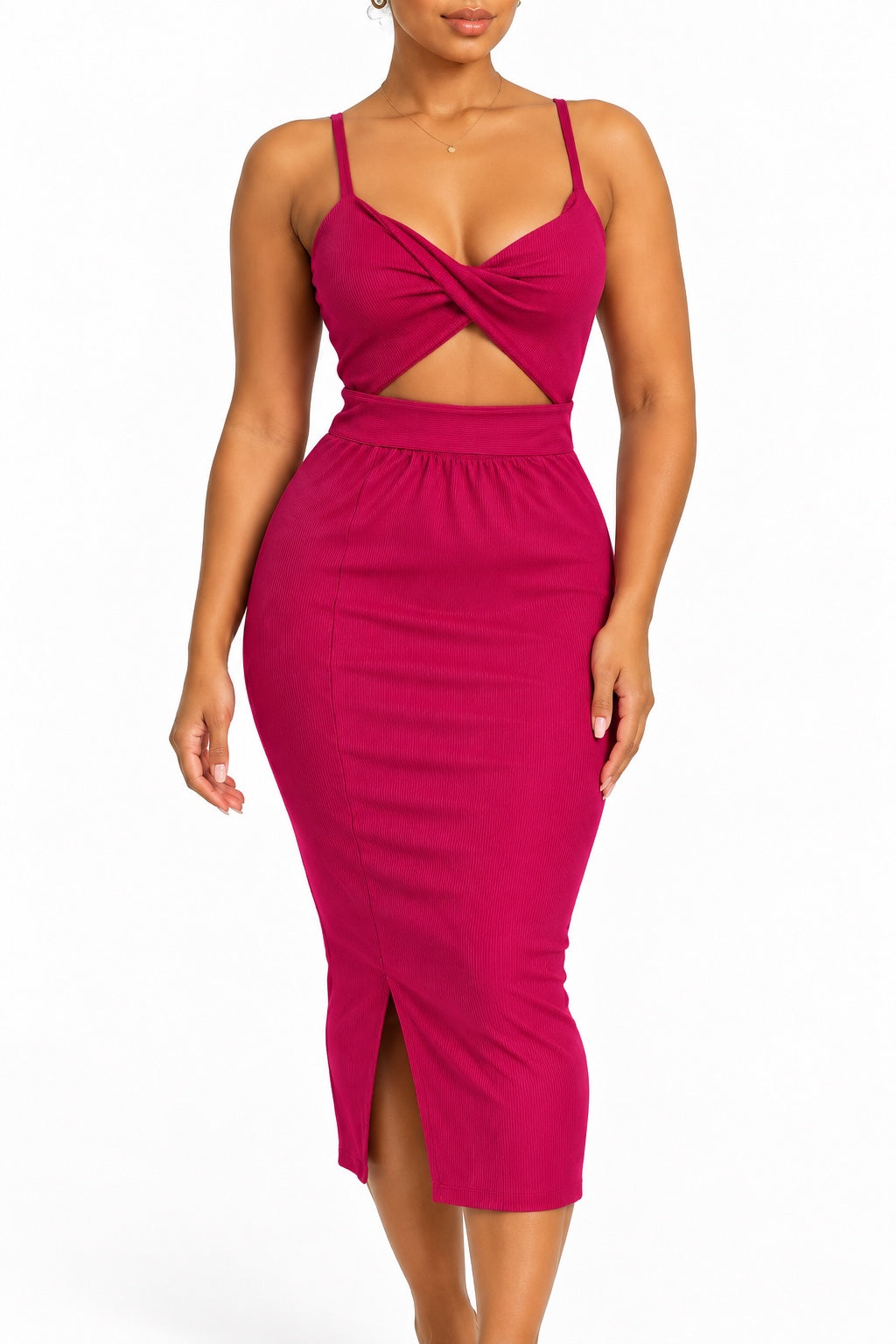 Robe midi moulante fuchsia à décolleté torsadé