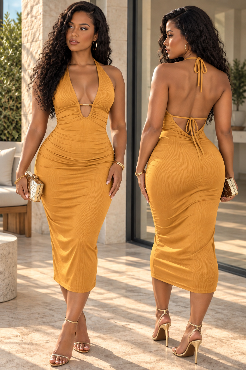 Robe côtelée midi jaune moutarde à dos nu et fronces, vues de face et de dos