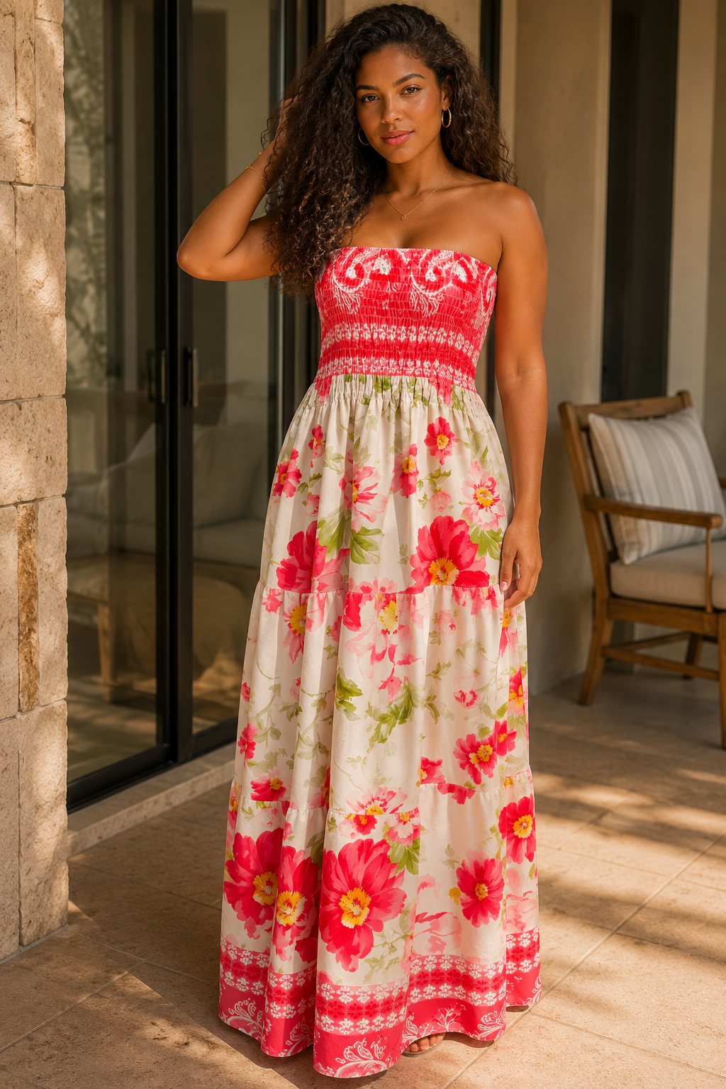 Robe longue bustier crème à fleurs rouges et roses, jupe à volants