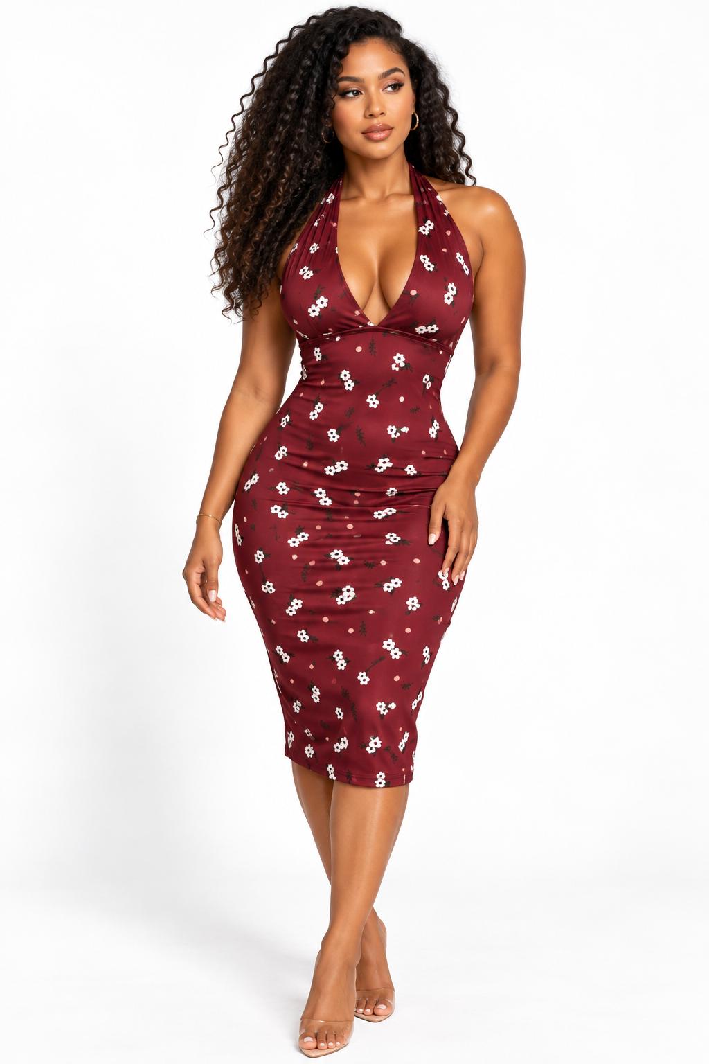 Robe midi bordeaux à petits motifs clairs, col V et tour de cou, vue de face