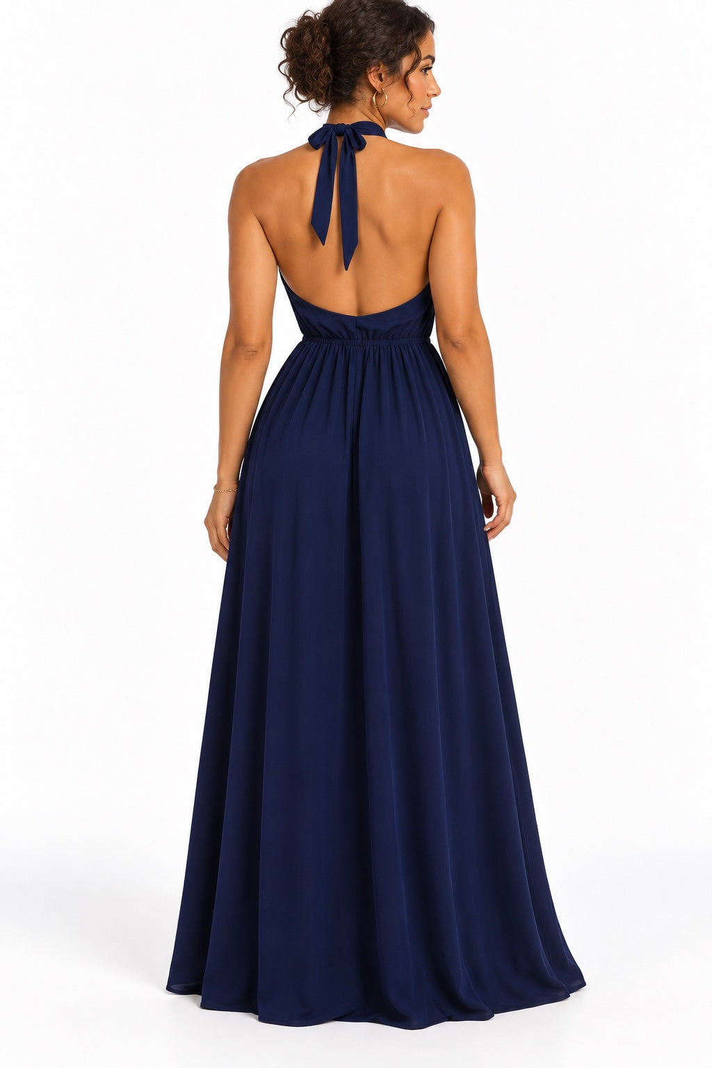 Robe longue bleu marine fluide dos nu à nouer