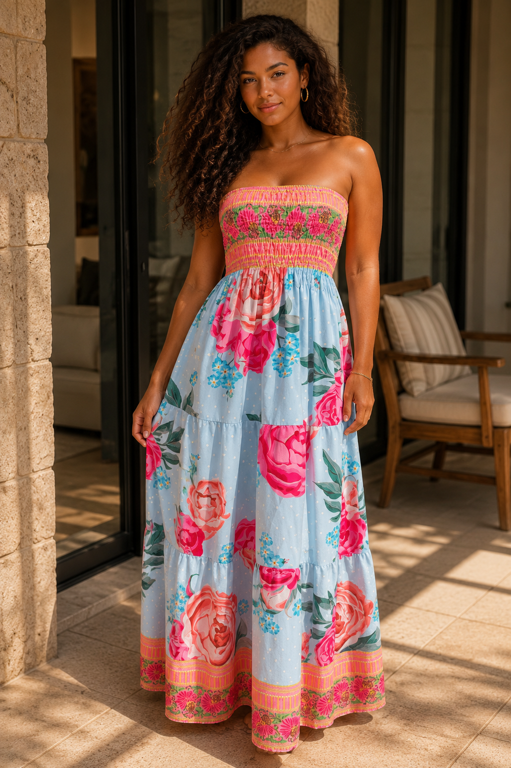 Robe longue bustier bleu clair à grandes fleurs roses et bordures ornementales