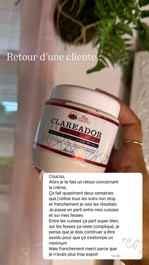 Pot de crème Clareador accompagné d'un témoignage écrit de cliente