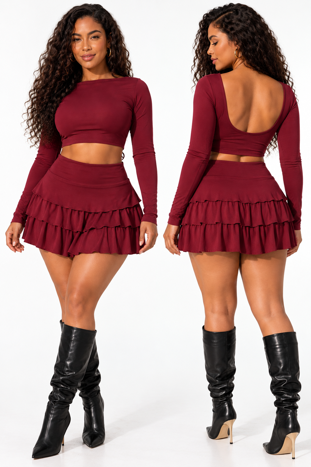 Ensemble crop top dos échancré et jupe à volants