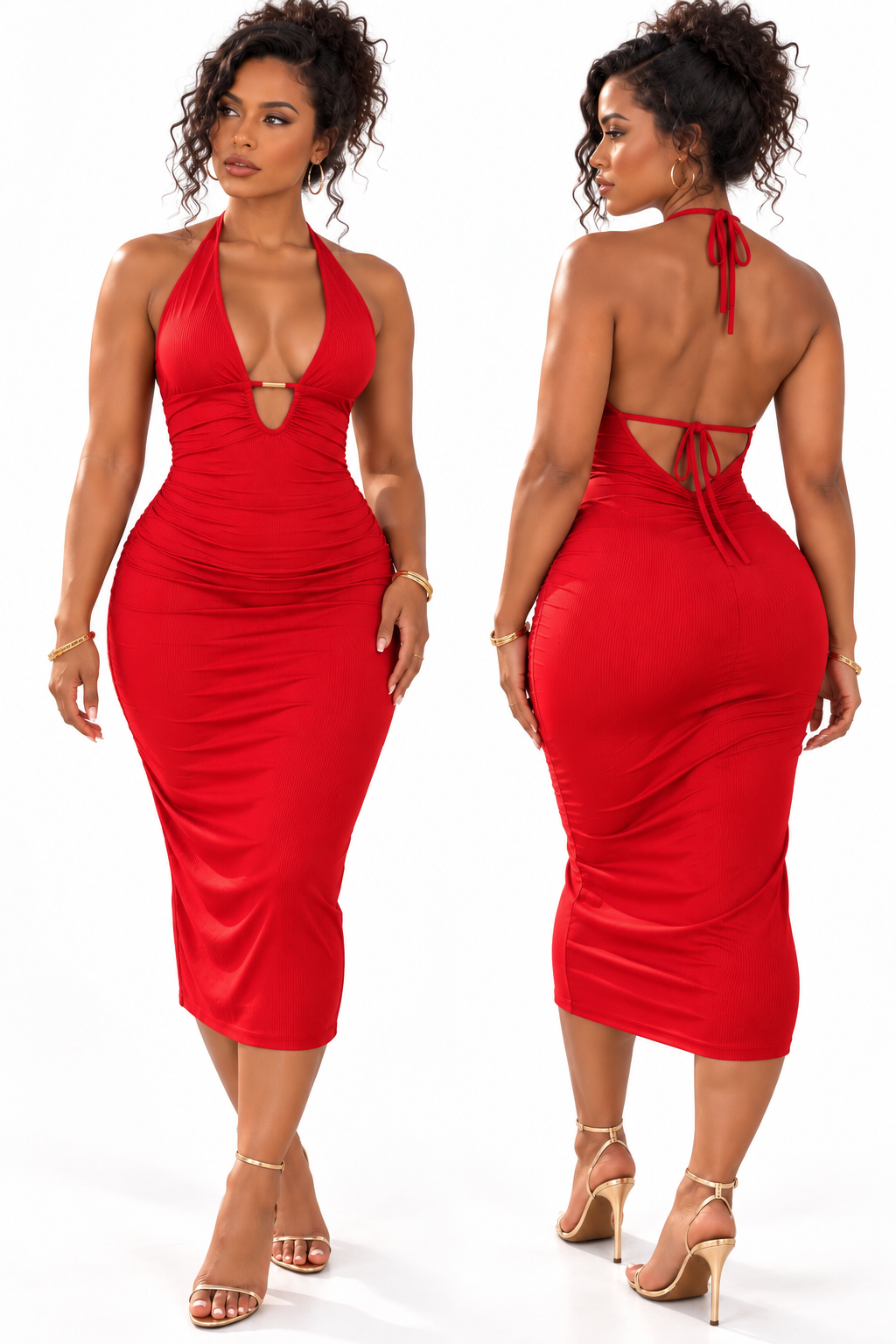 Robe côtelée midi rouge à dos nu et fronces, vues de face et de dos