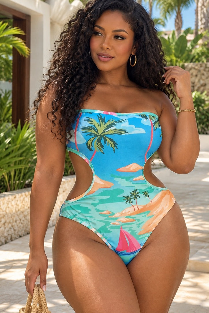 Body-maillot bustier imprimé à découpes latérales