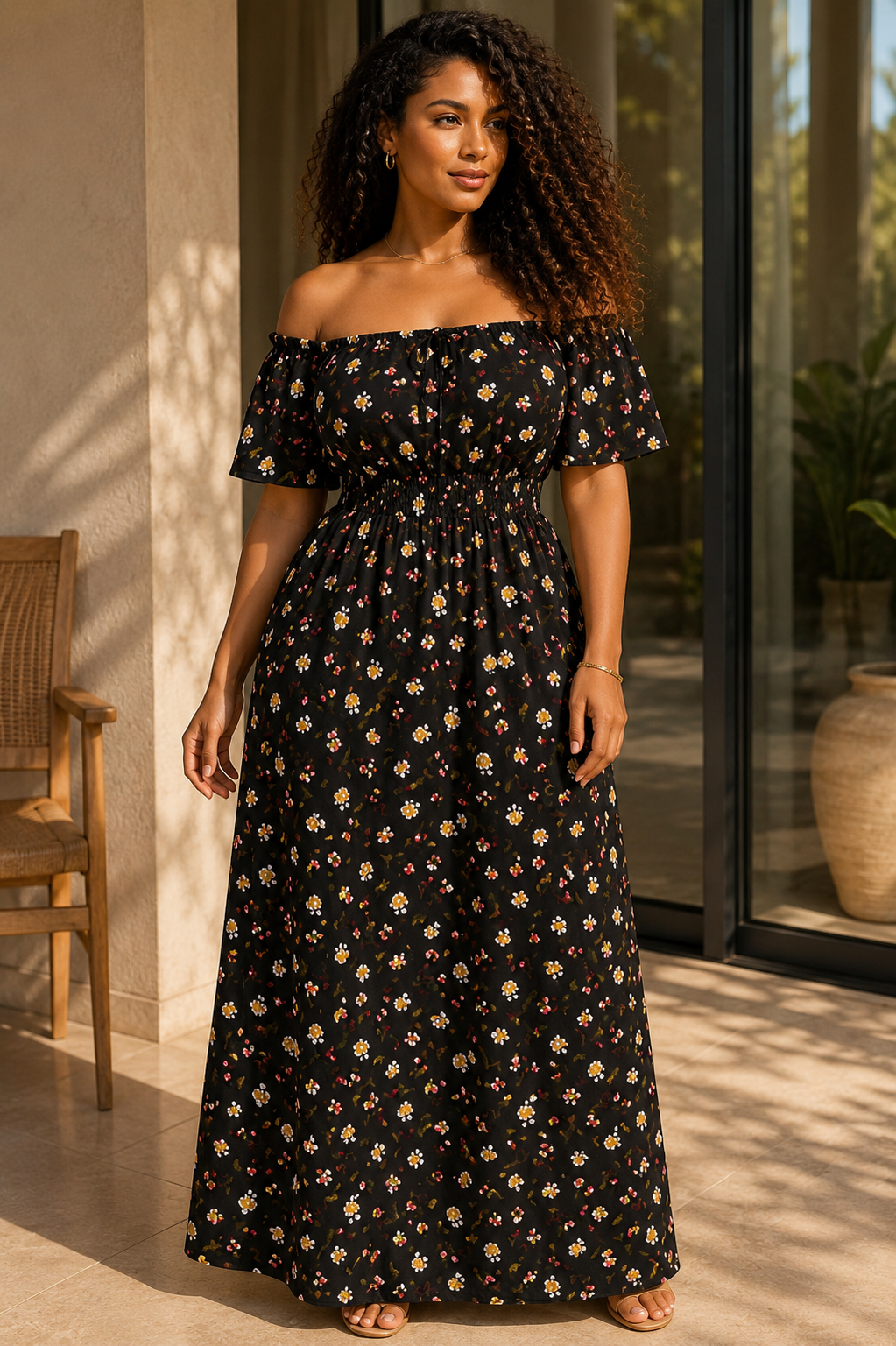 Robe longue noire à petites fleurs orange et blanches, col bardot volanté