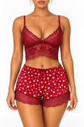 Ensemble pyjama bordeaux en dentelle et short à cœurs