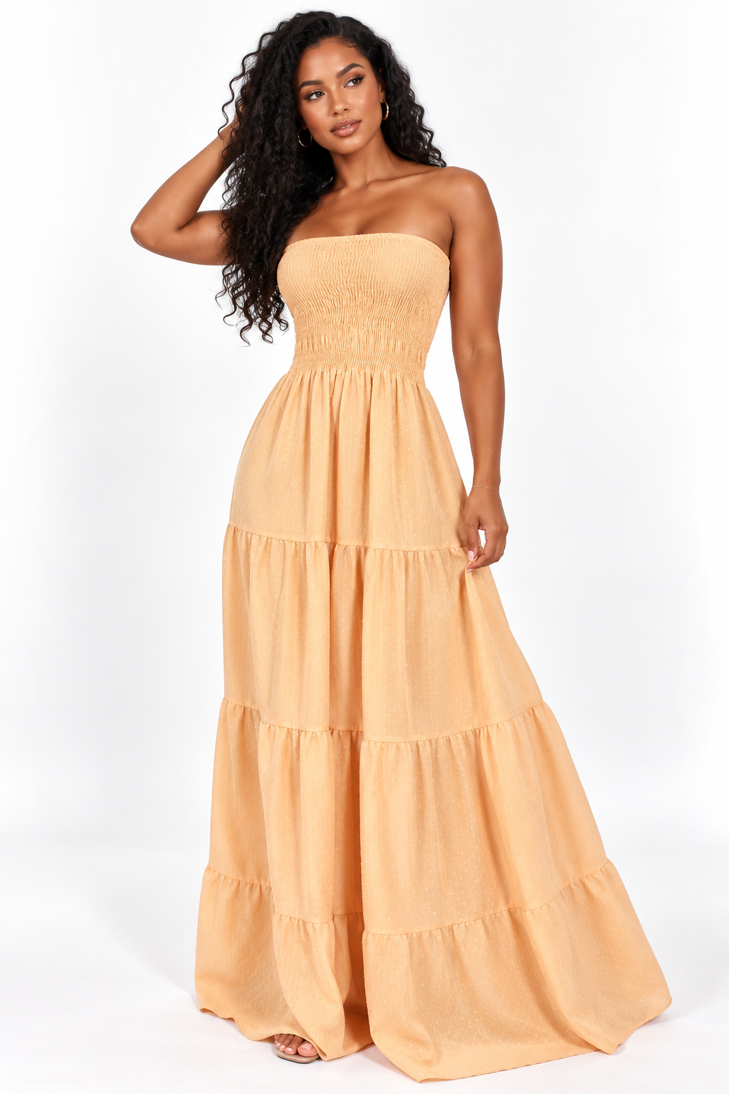 Robe longue bustier à smocks et volants