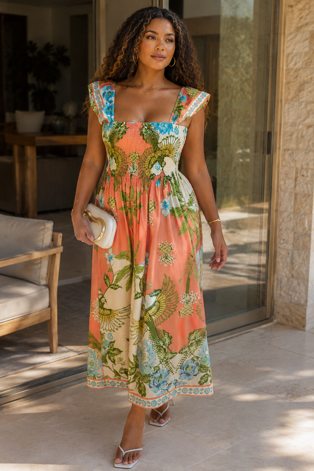 Robe longue à imprimé multicolore orange, vert et bleu, bretelles volantées