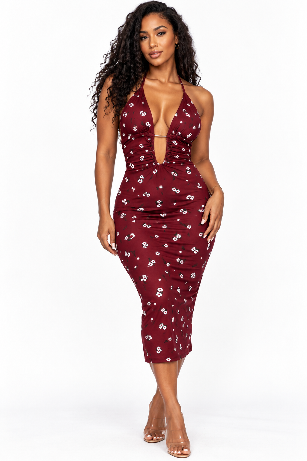Robe midi bordeaux à petits motifs clairs et décolleté relié, vue de face