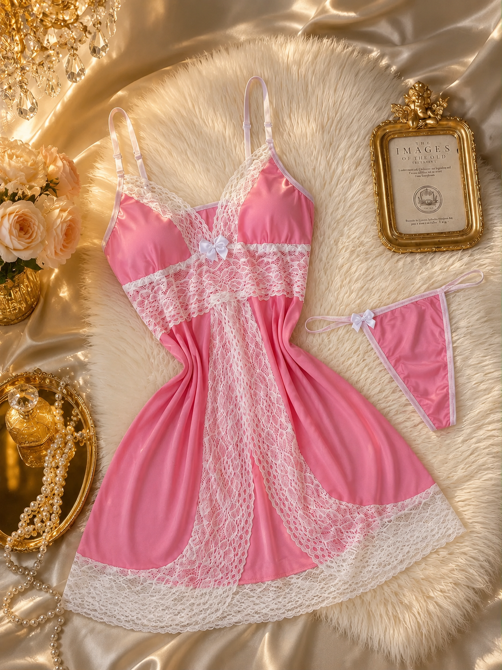 Nuisette rose à dentelle blanche avec string assorti, présentés à plat