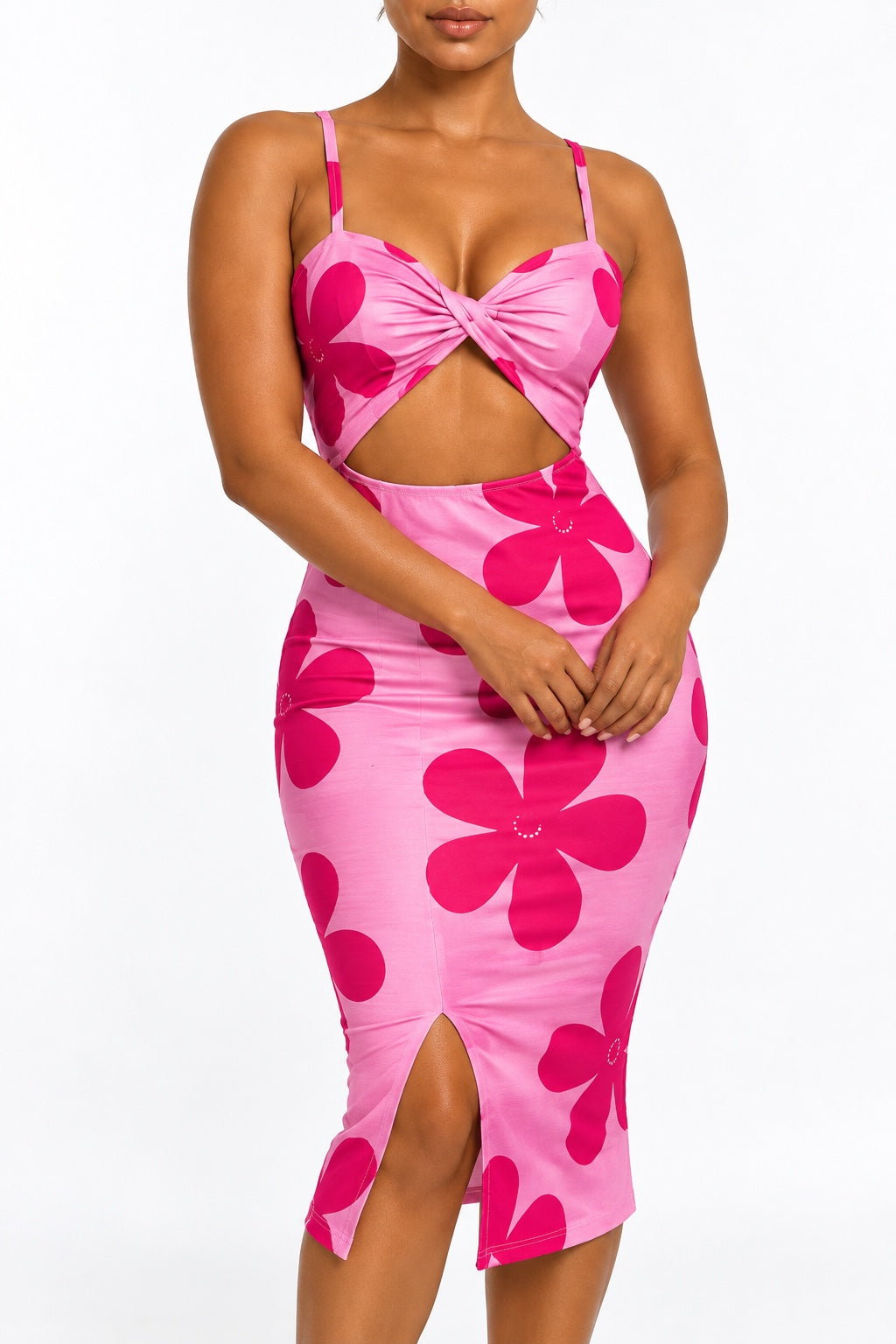 Robe midi moulante à découpes – Fleurs fuchsia