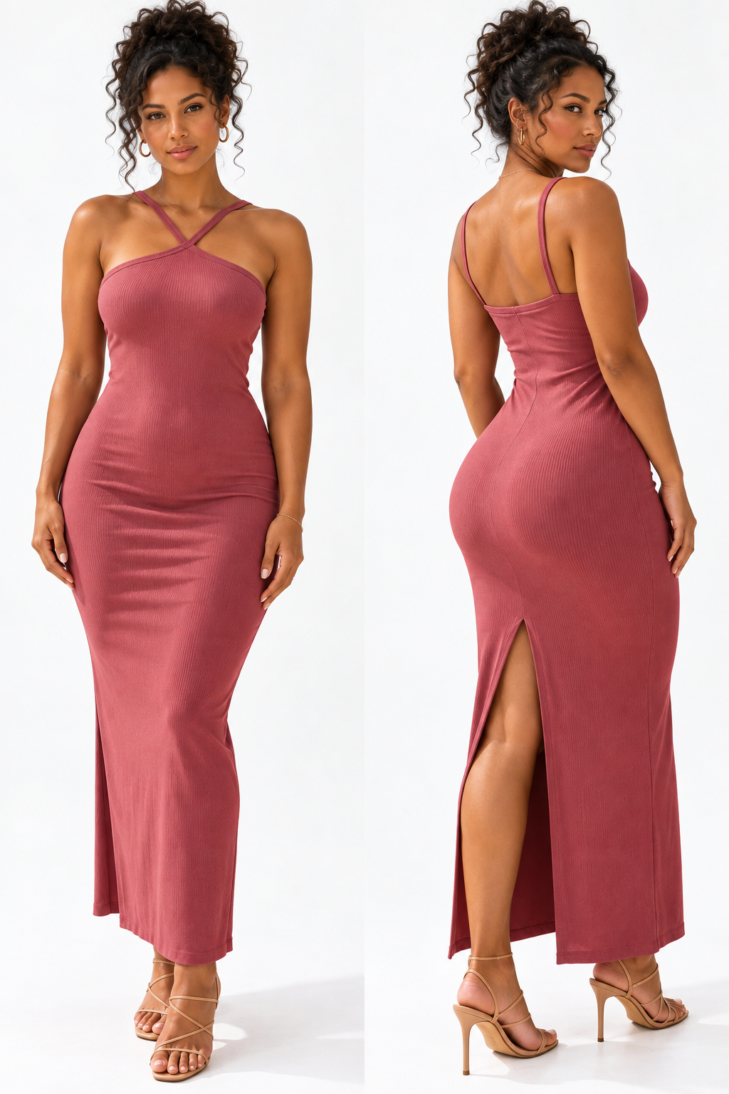 Robe côtelée longue vieux rose à fines bretelles croisées et fente arrière, vues de face et de dos