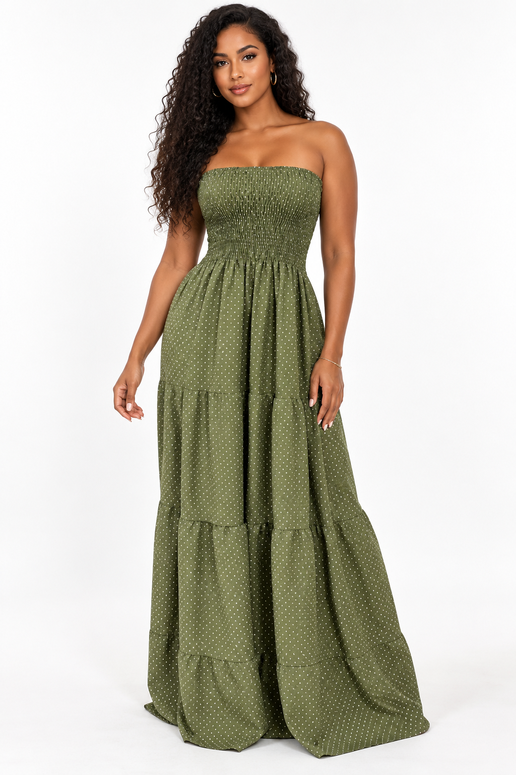 Robe longue bustier à smocks et volants (précommande)