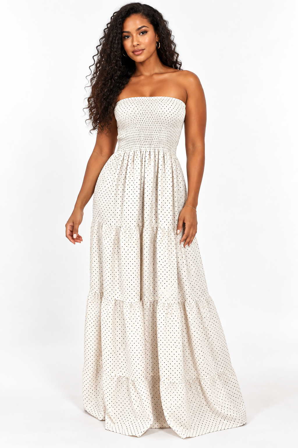 Robe longue bustier à smocks et volants (précommande)