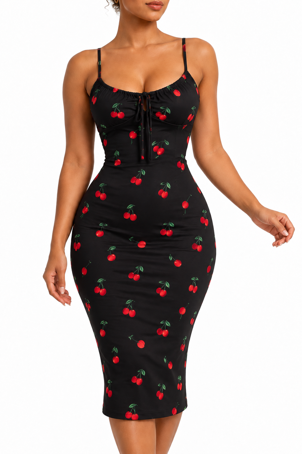 Robe midi moulante imprimée à fines bretelles