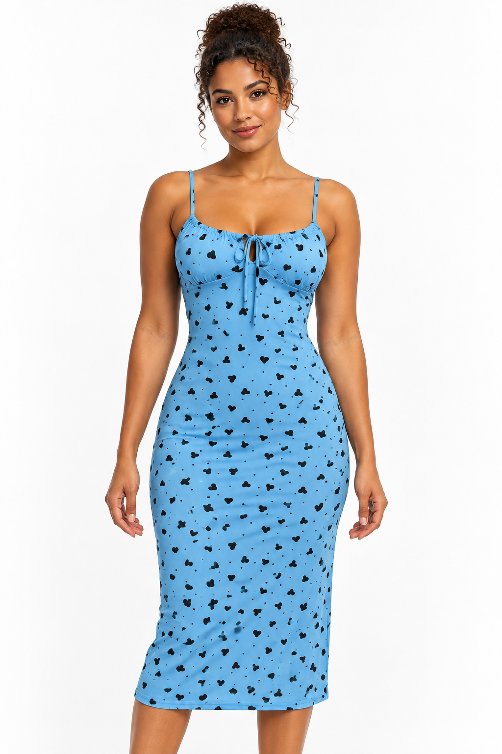 Robe midi moulante à décolleté noué – imprimés