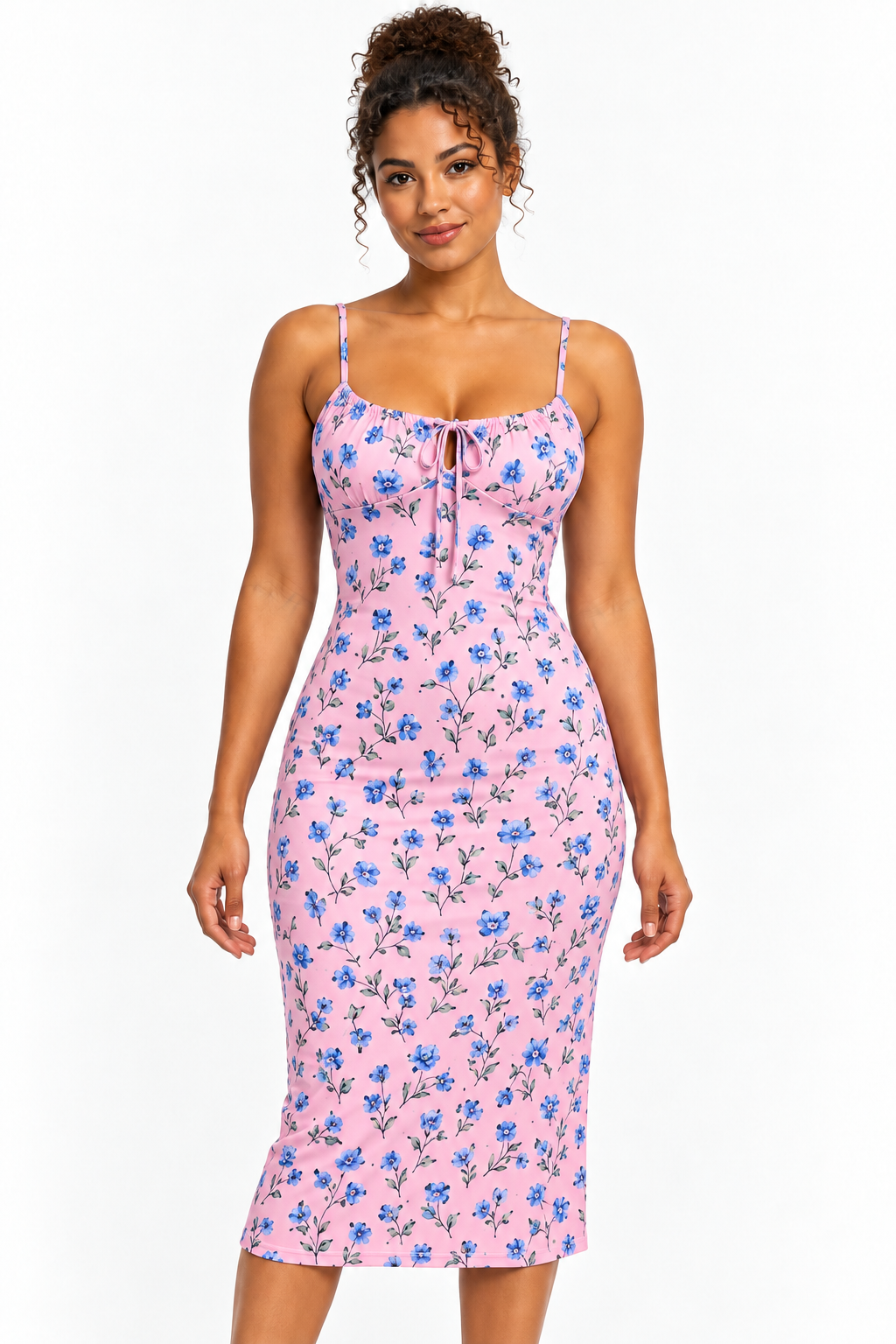 Robe midi moulante à décolleté noué – imprimés