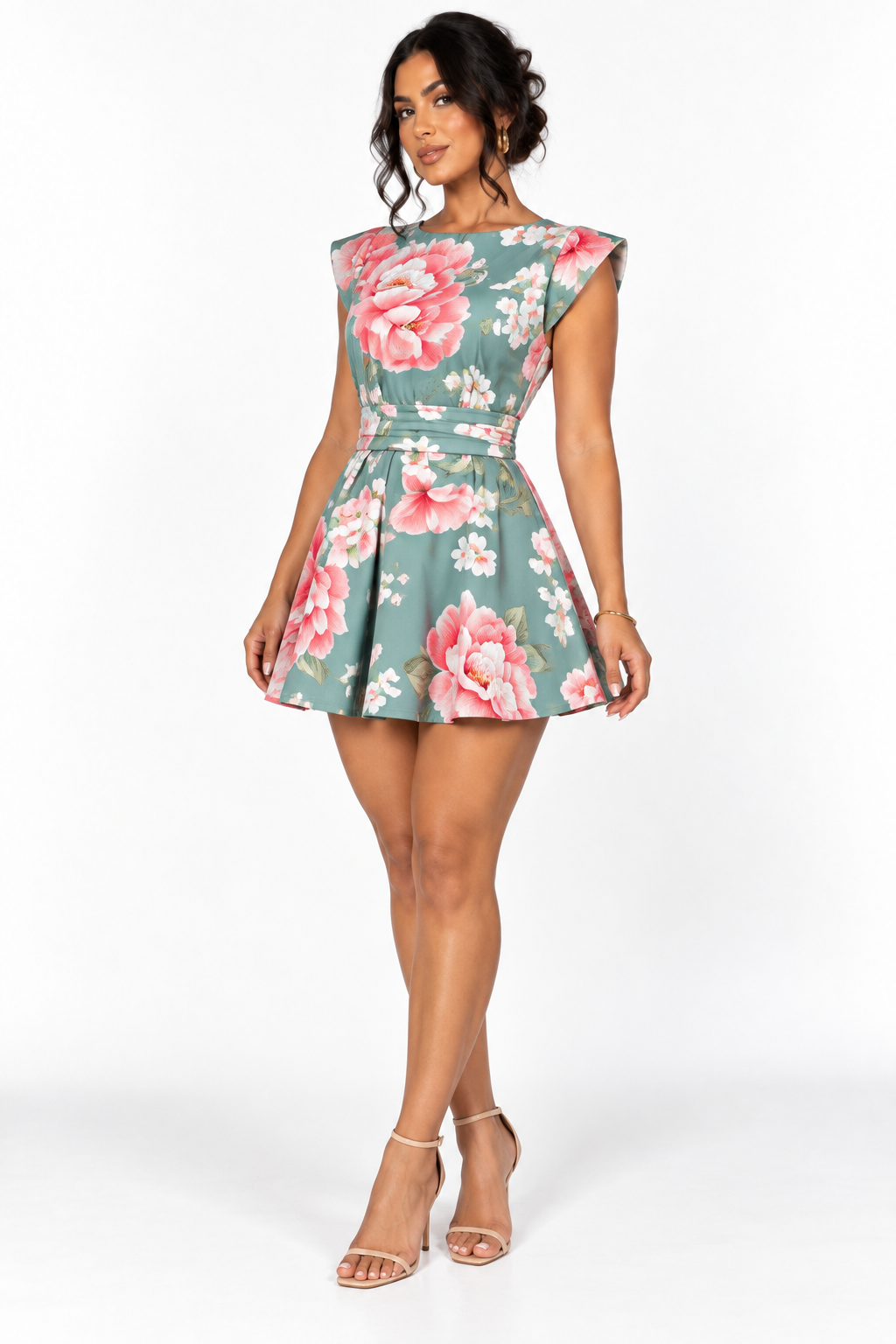 Combishort fleuri à taille ceinturée — Vert à fleurs roses