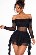 Combishort de soirée en tulle à volants - noir