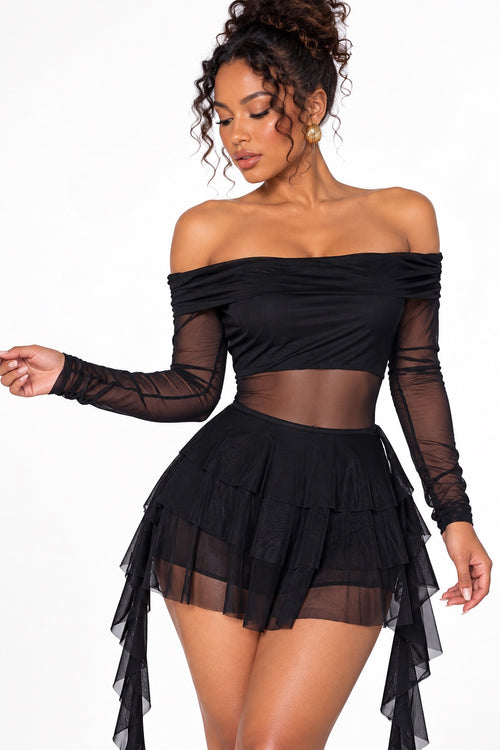 Combishort de soirée en tulle à volants - noir