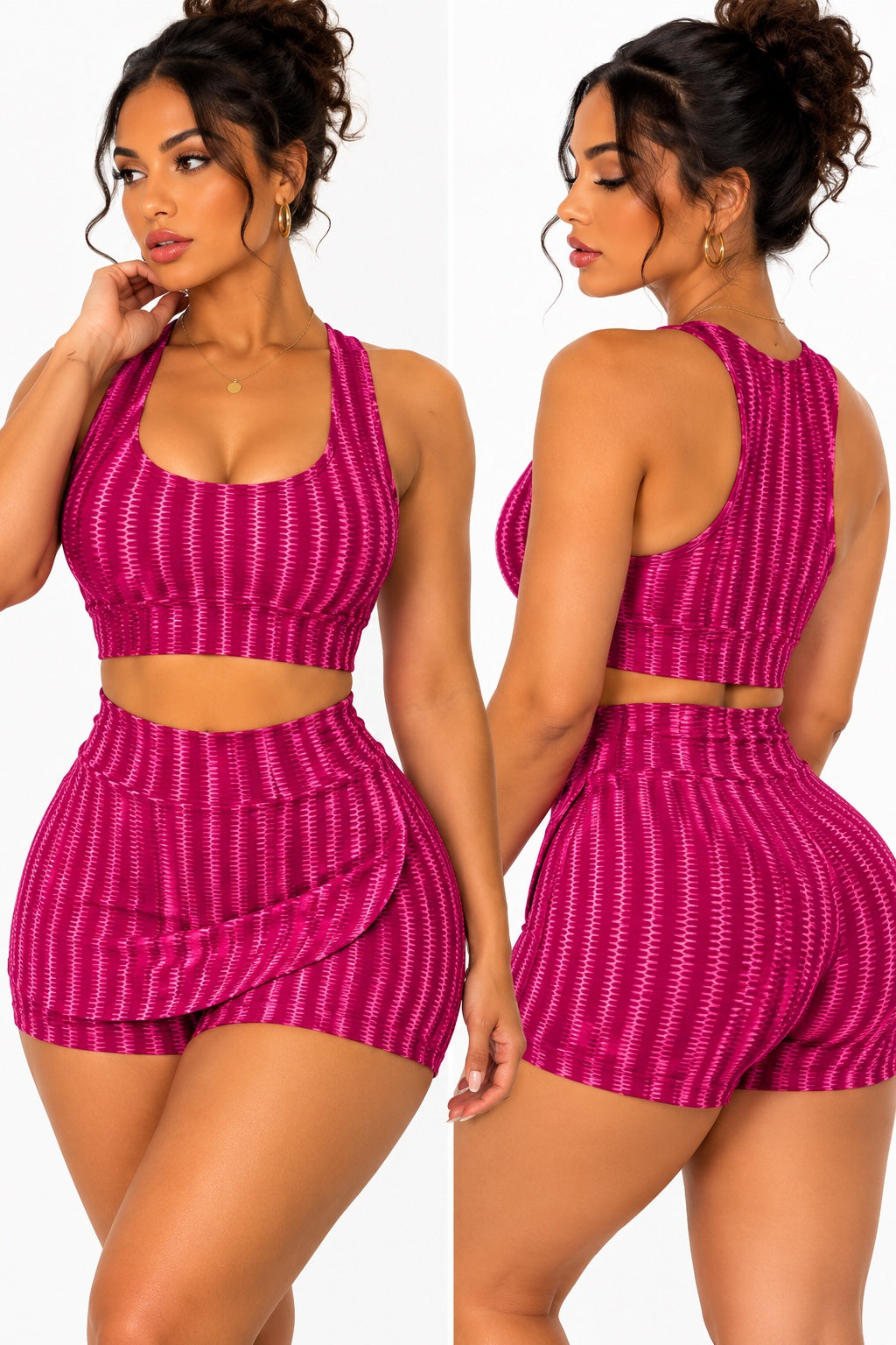 Ensemble brassière et short effet jupe fuchsia, face et dos