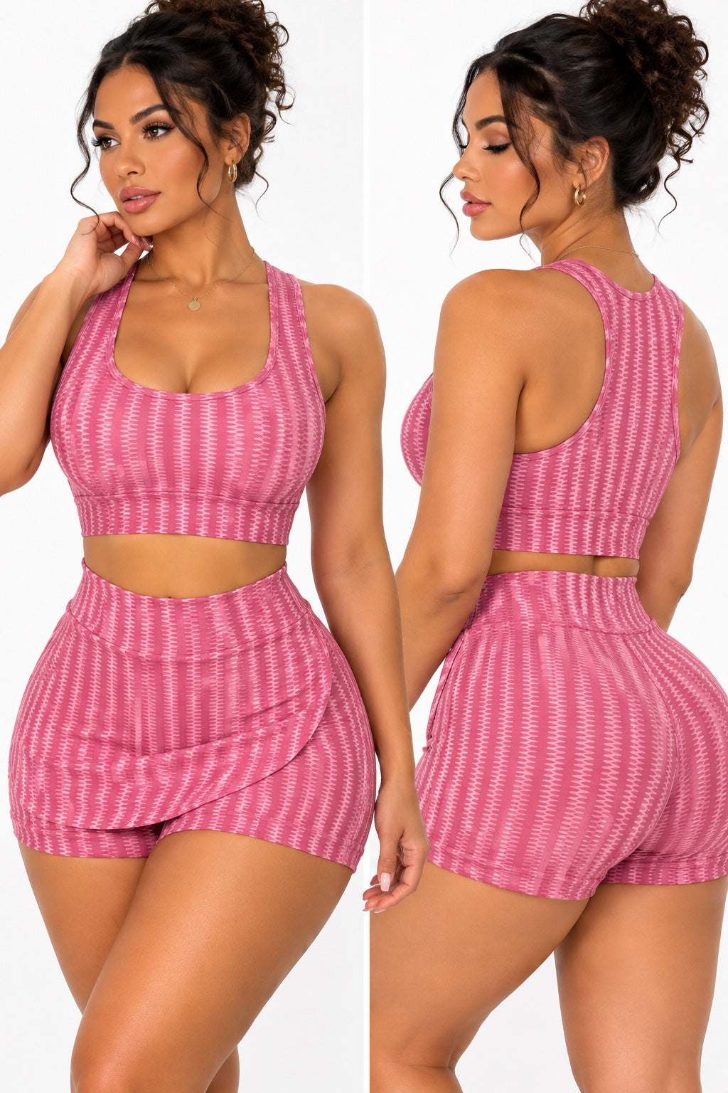 Ensemble brassière et short effet jupe rose clair, face et dos