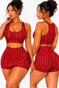 Ensemble brassière et short effet jupe rouge, face et dos