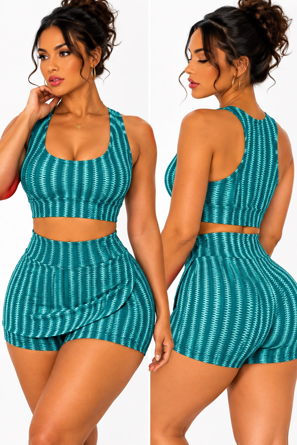 Ensemble brassière et short effet jupe turquoise, face et dos