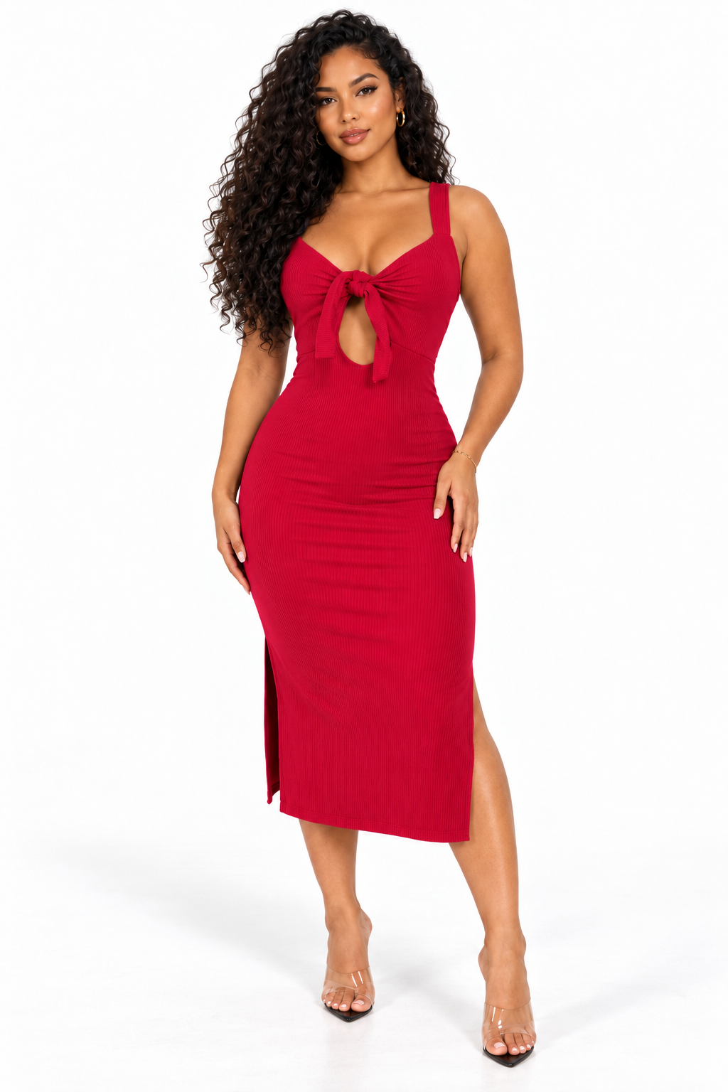 Robe côtelée à nœud devant rouge, face