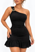 Robe courte asymétrique suplex léger noire, boucle dorée et volant