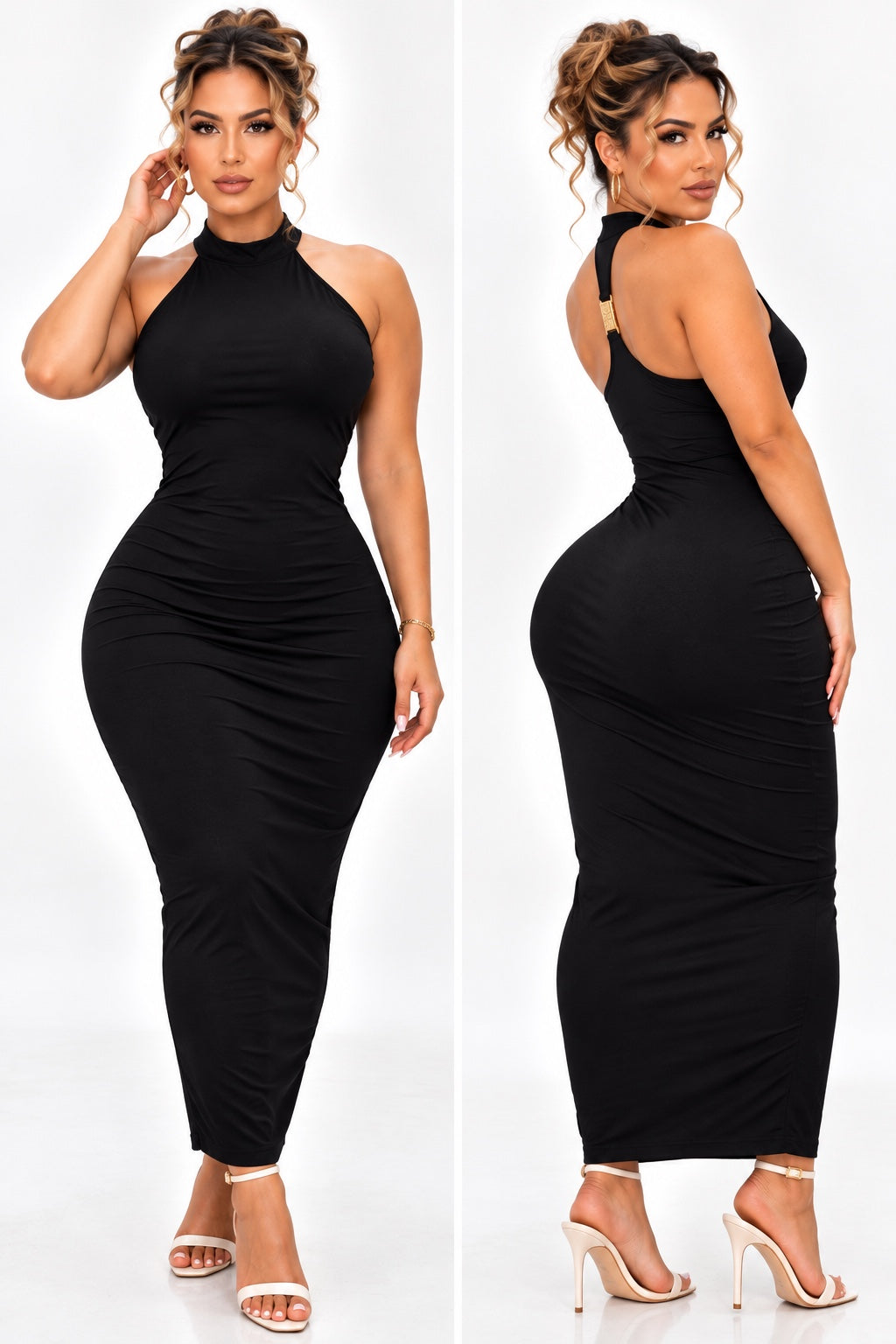 Robe longue suplex léger noir, col montant et dos ajouré, vues de face et dos