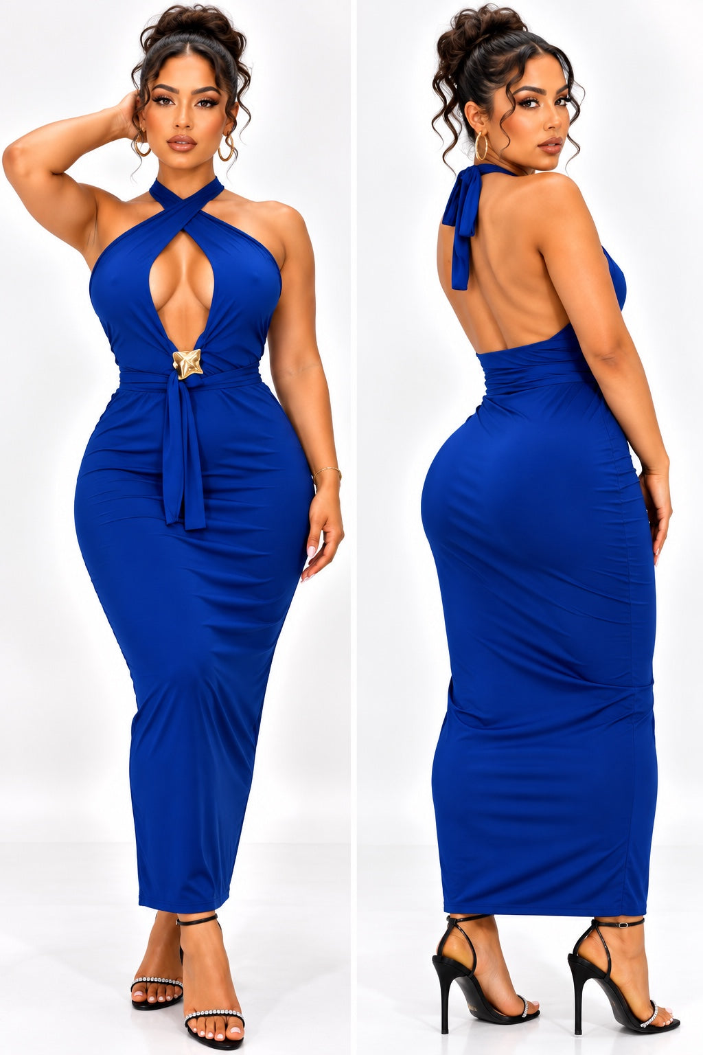 Robe longue suplex léger bleu roi, décolleté croisé et dos nu, vues face et dos