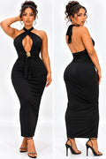 Robe longue suplex léger noire, décolleté croisé et dos nu, vues face et dos