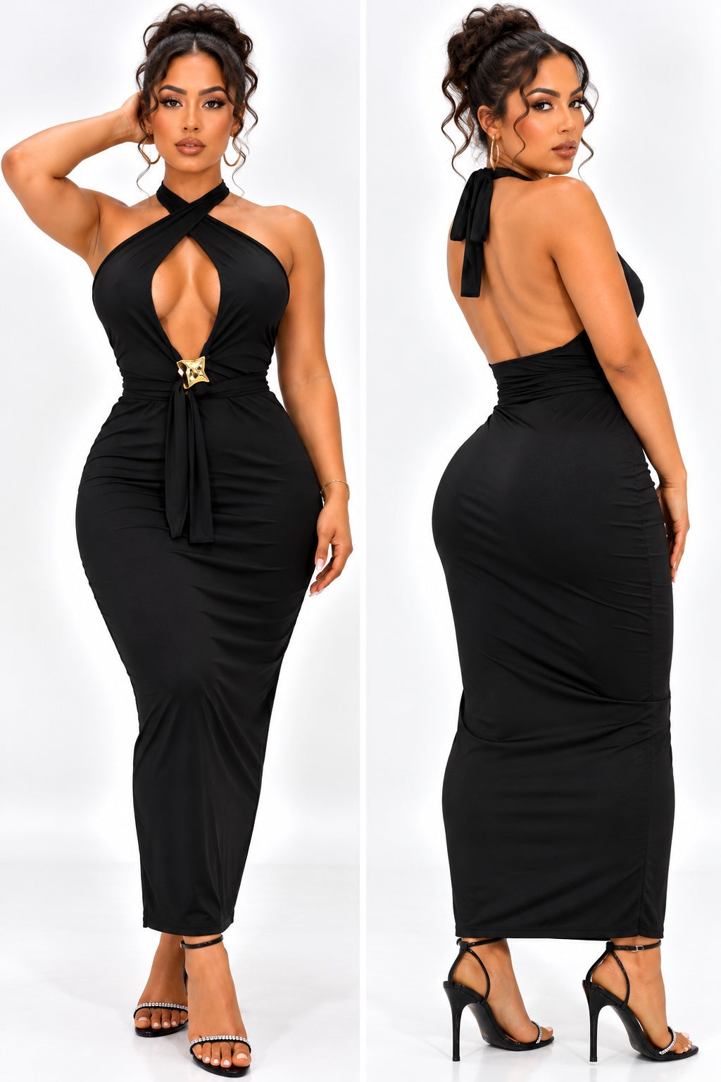 Robe longue suplex léger noire, décolleté croisé et dos nu, vues face et dos