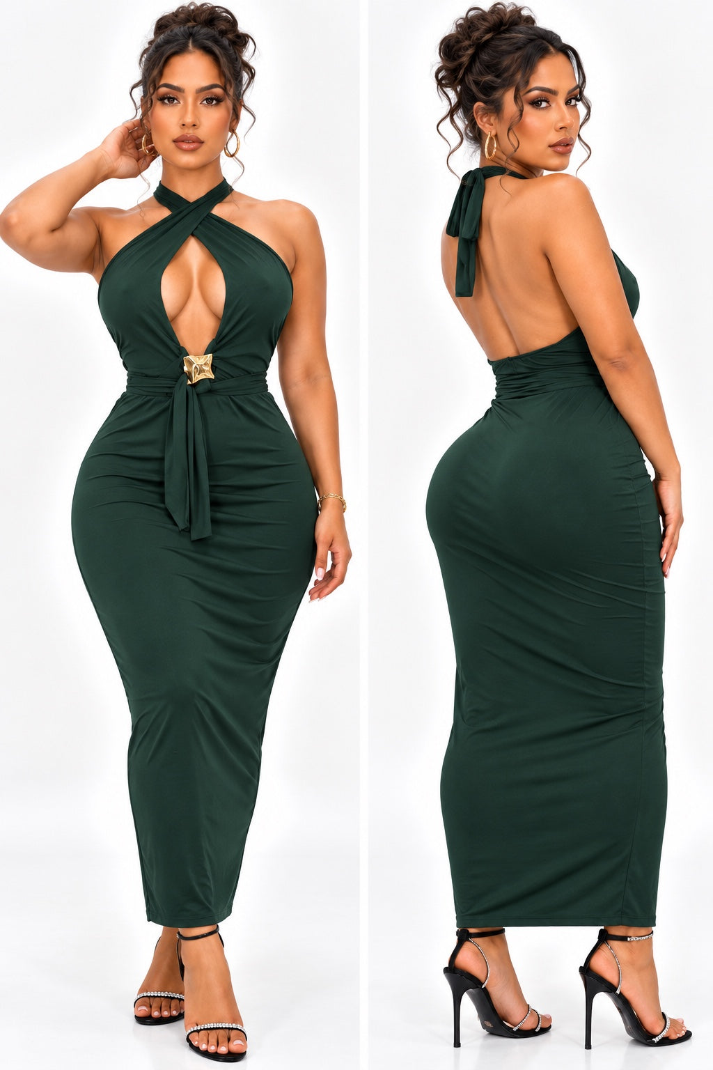 Robe longue suplex léger vert foncé, décolleté croisé et dos nu, vues face et dos